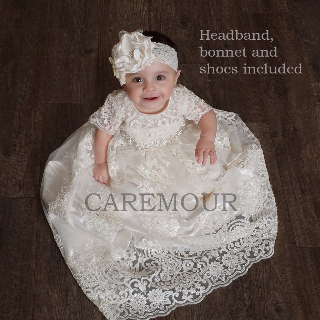 Luxurious Beaded Lace Baptism Christening Gown For Baby
